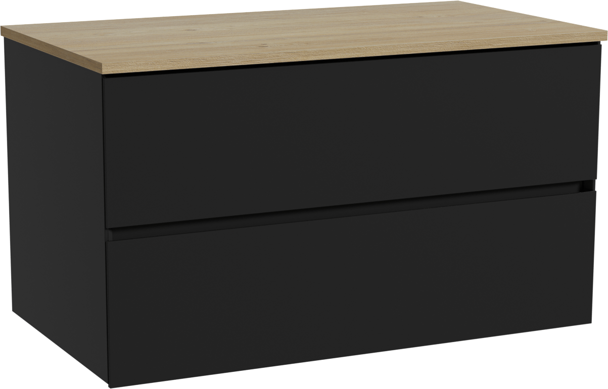 Storke Edge hängendes Möbelstück Set: 95 x 52 cm, Schwarz matt, mit Panton Einzel Waschtischplatte, Melamin Rohe Eiche
