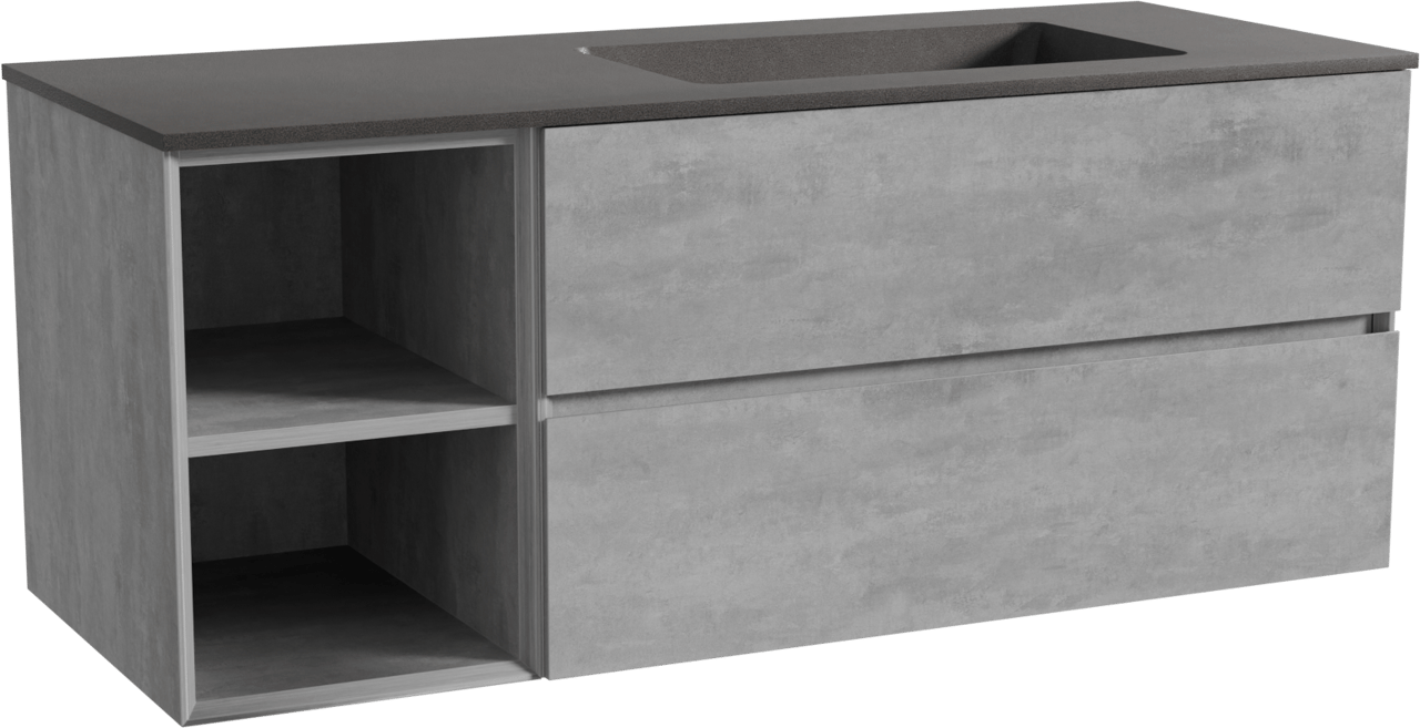 Storke Edge zwevend badmeubel 130 x 52 cm beton donkergrijs met Scuro asymmetrisch rechtse wastafel in kwarts mat zwart