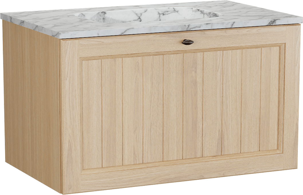 Balmani Lemon hängendes Möbelstück Set: 90 x 55 cm, Naturbelassene Eiche Furnier, mit Tablo Arcato Einzelwaschtisch, Carrara