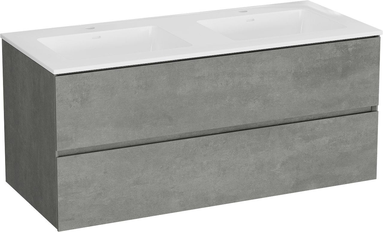 Storke Edge meuble salle de bains suspendu 120 x 52 cm béton gris foncé avec Bilia double vasque en marbre composite blanc brillant
