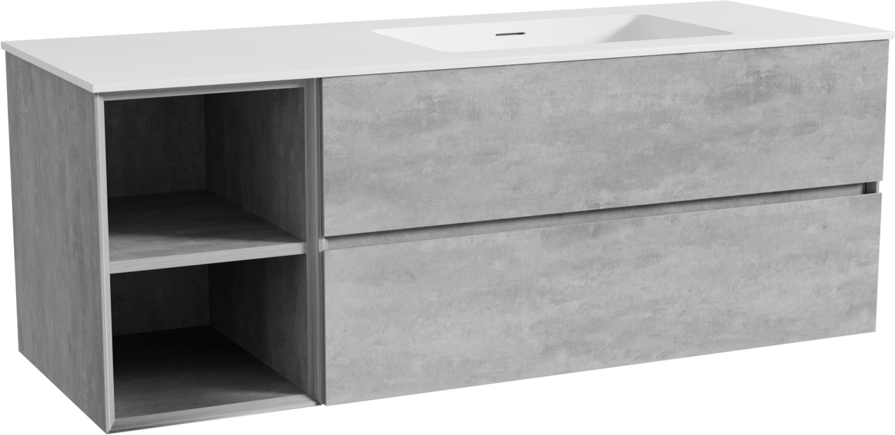 Storke Edge meuble salle de bains suspendu 140 x 52 cm béton gris foncé avec Mata plan vasque asymétrique à droite en solid surface blanc mat