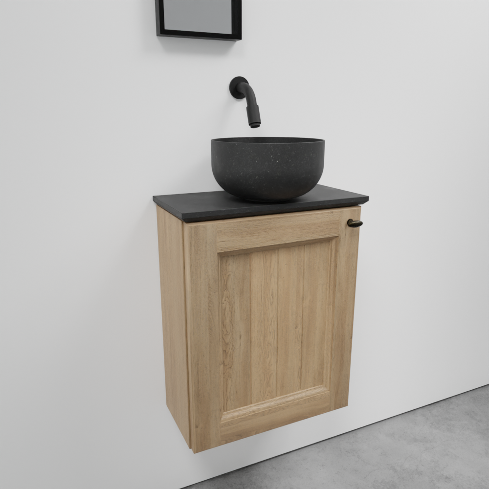 Balmani Lemon meuble wc suspendu 42 x 21 cm chêne vieilli avec Facetta tablette et Bowl vaque à poser en granite aiguisé