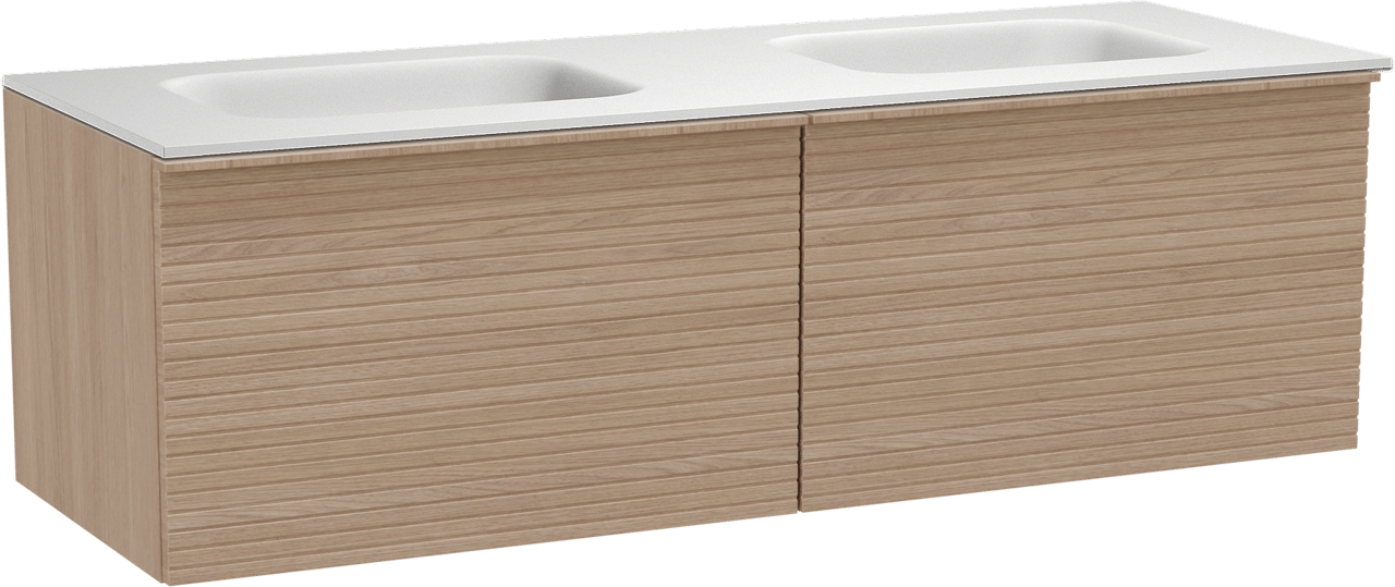 Balmani Forma zwevend badmeubel 150 x 55 cm naturel eiken met Tablo Arcato dubbele wastafel in solid surface mat wit, Horizontale symmetrische rechte ribbel