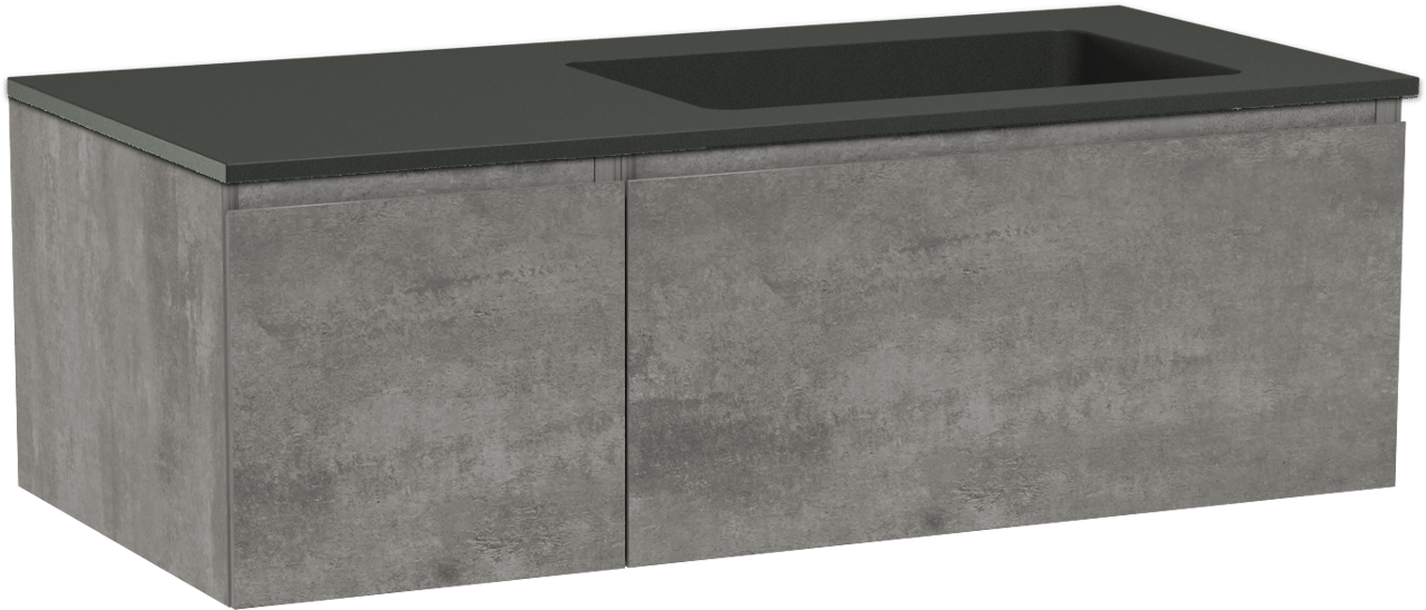 Storke Edge meuble salle de bains suspendu 110 x 52 cm béton gris foncé avec Scuro plan vasque asymétrique à droite en quartz noir mat