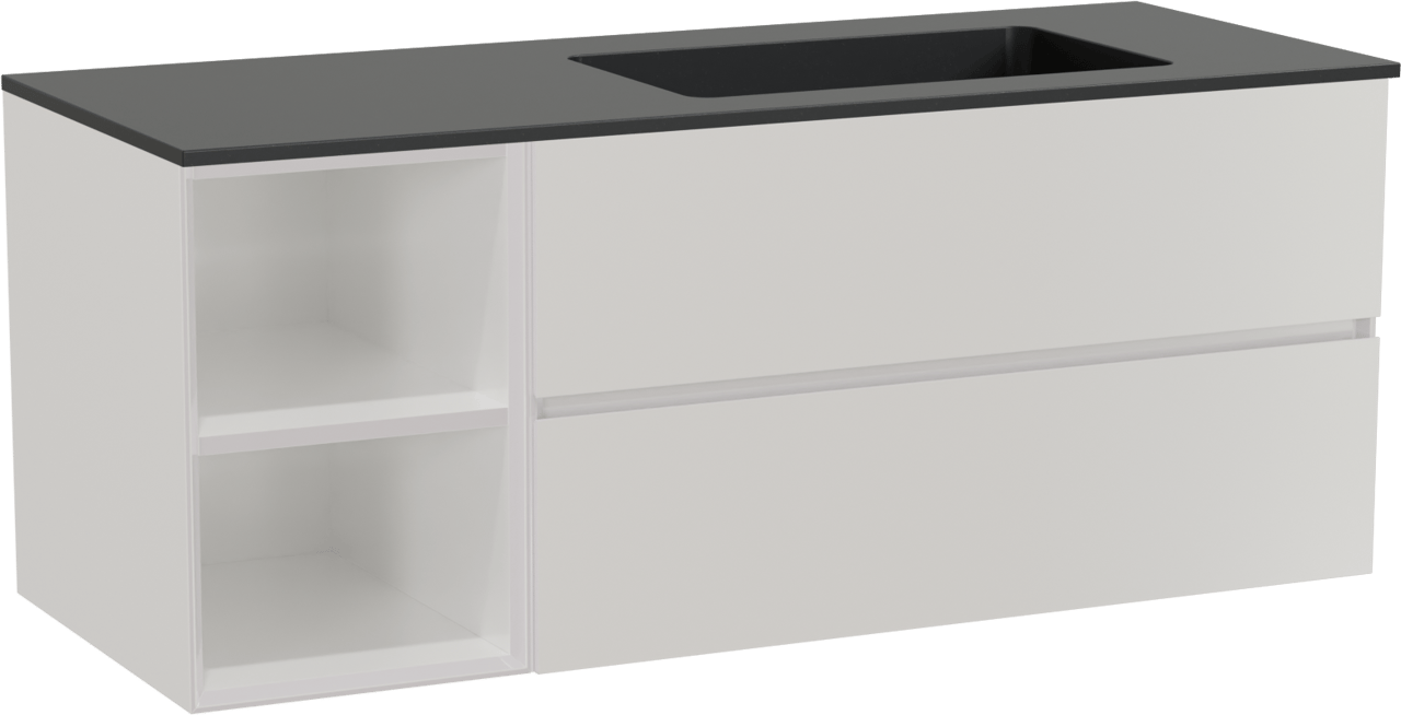 Storke Edge zwevend badmeubel 130 x 52 cm hoogglans wit met Scuro asymmetrisch rechtse wastafel in kwarts mat zwart