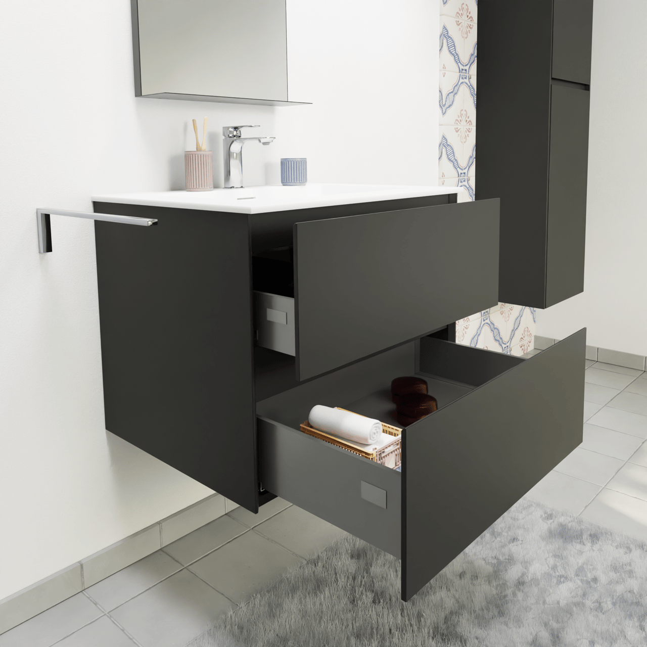 Storke Edge meuble salle de bains suspendu 65 x 52 cm noir mat avec Mata plan simple en solid surface blanc mat