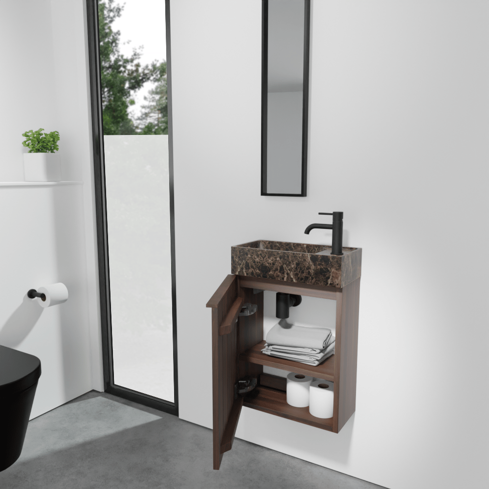 Balmani Forma meuble wc suspendu 42 x 21 cm noyer américain avec Dama lavabo en marbre Dark Emperador