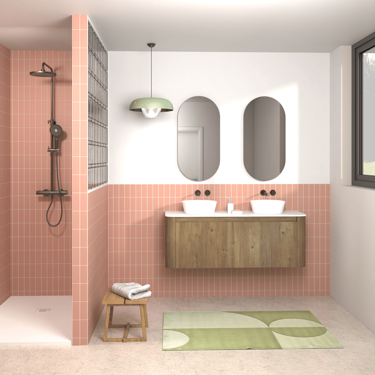 Storke Soft meuble salle de bains suspendu 140 x 46 cm chêne brut avec Tavola Soft tablette simple ou double vasque en Solid Surface blanc mat