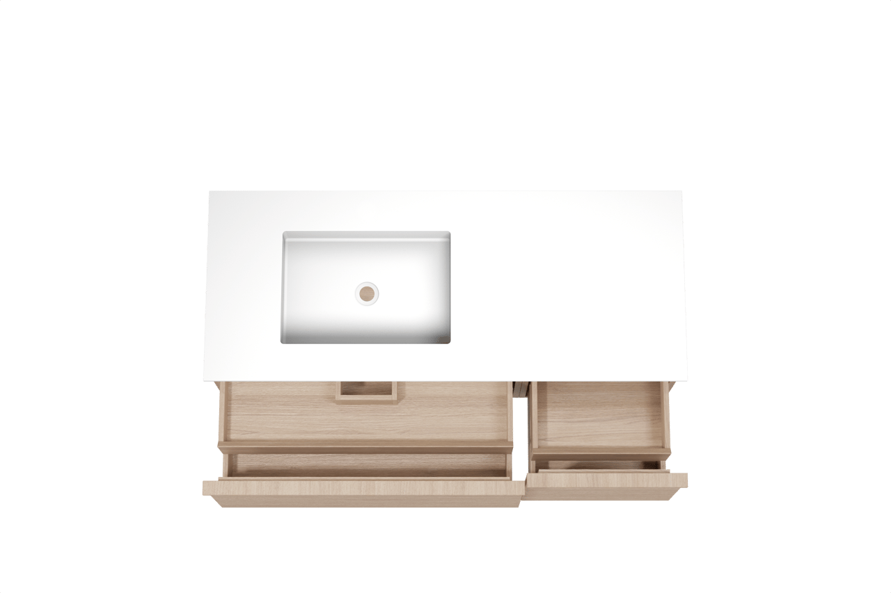 Balmani Forma hängendes Möbelstück Set: 135 x 55 cm, Naturbelassene Eiche, mit Tablo Stretto Waschtisch links, Solid Surface, Weiß matt, Horizontale symmetrische gerade Rippe