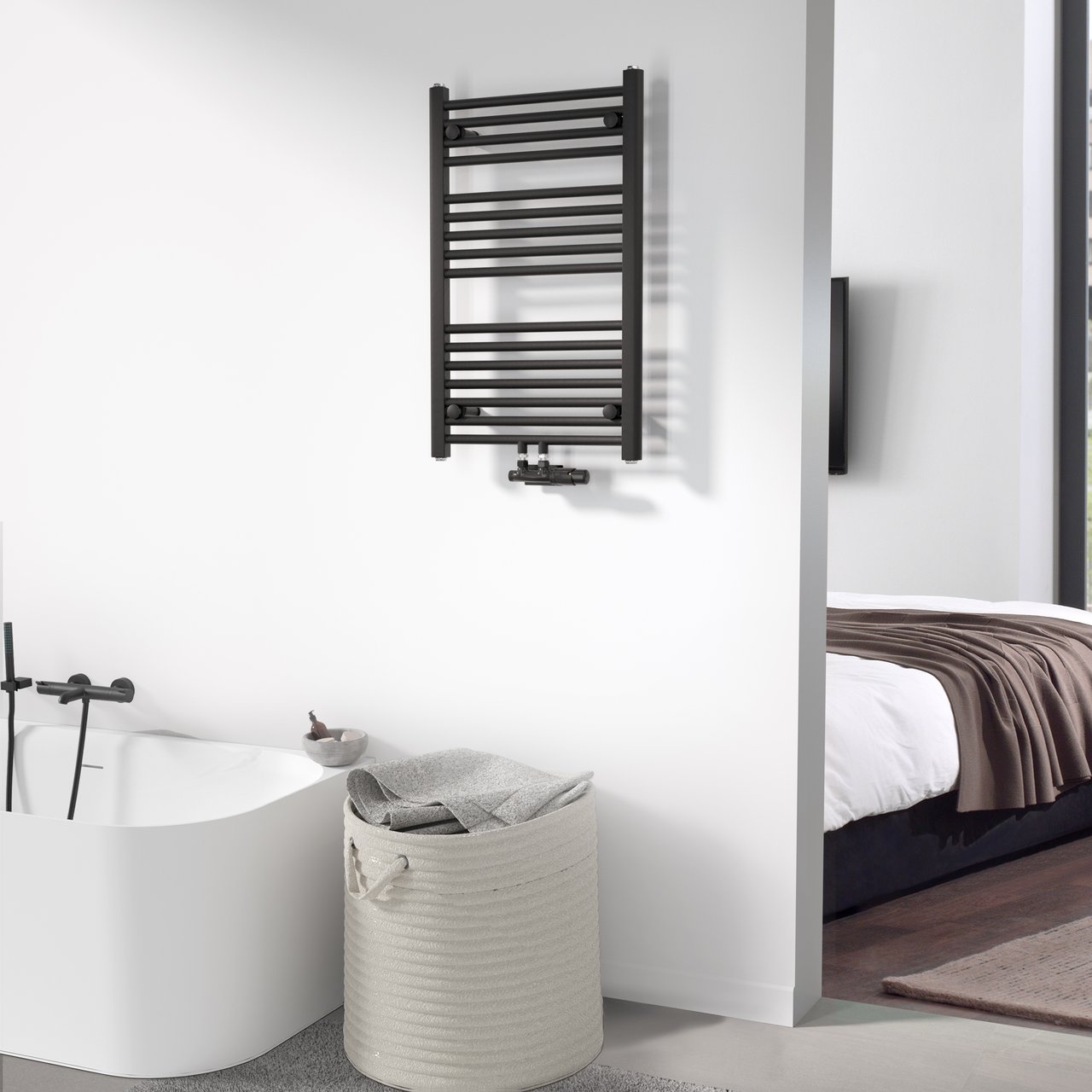 Vipera Kanza enkele handdoekradiator 50 x 80 cm centrale verwarming mat zwart zij- en middenaansluiting 448W
