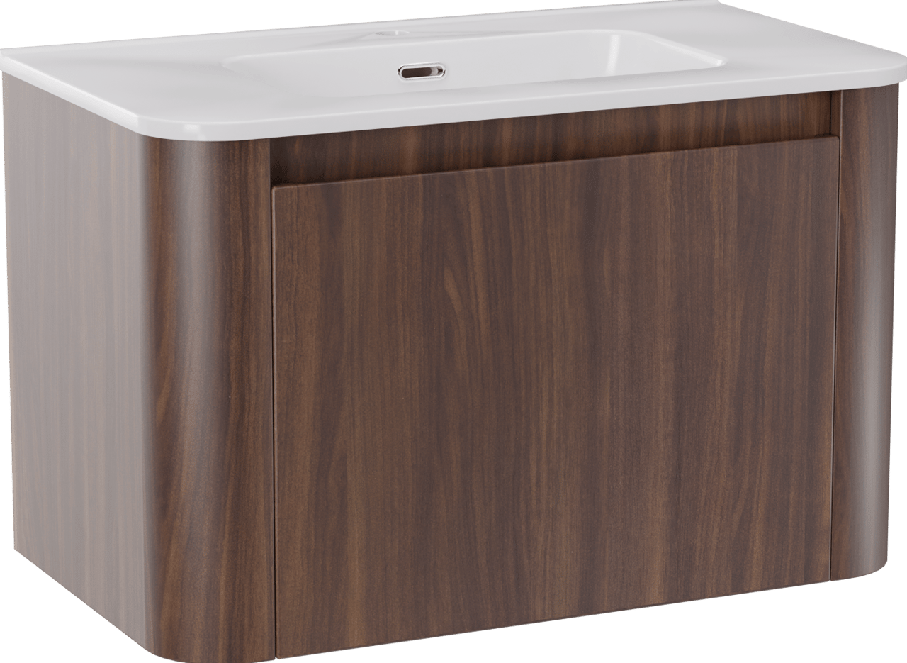 Storke Soft meuble salle de bains suspendu 80 x 46 cm noyer avec Kera Soft plan simple en porcelaine blanc brillant