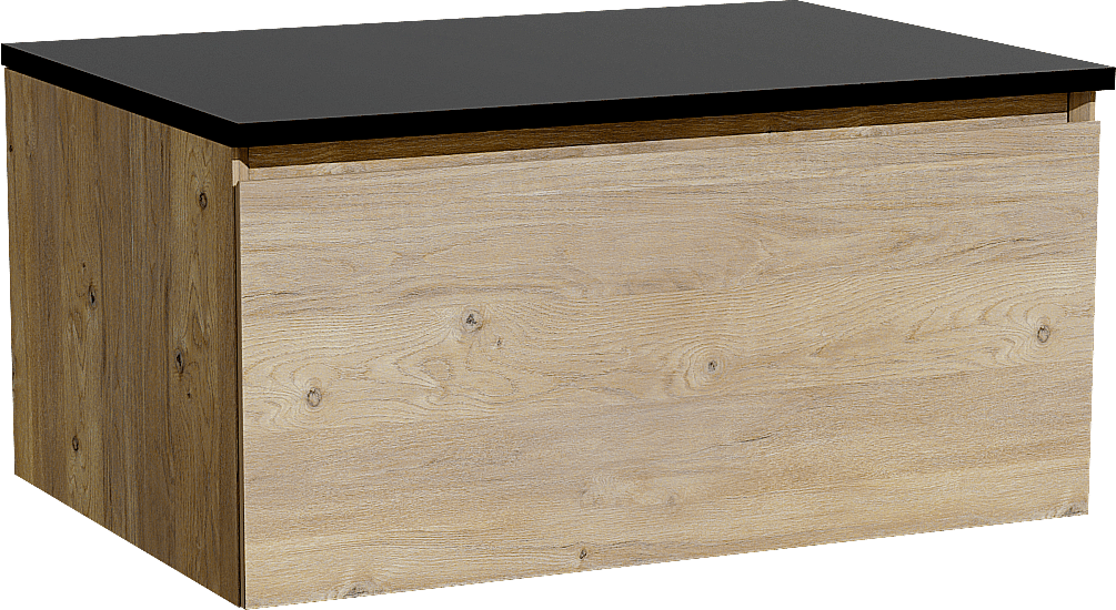 Storke Edge zwevend badmeubel 75 x 52 cm ruw eiken met Panton enkel wastafelblad in gepoedercoate mdf mat zwart