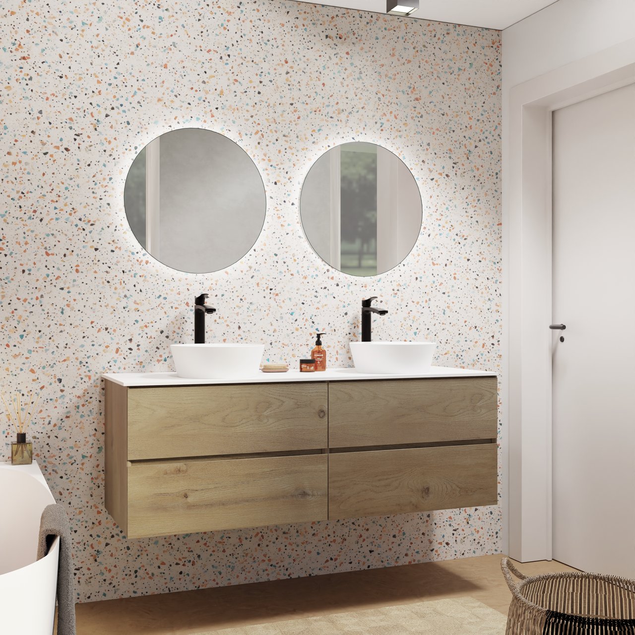 Storke Edge zwevend badmeubel 150 x 52 cm ruw eiken met Tavola enkel of dubbel wastafelblad in solid surface mat wit