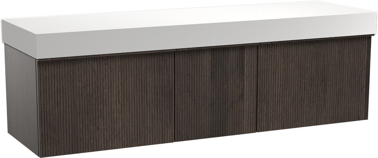 Balmani Forma zwevend badkamermeubel 180 x 55 cm gerookte eik met Dominus enkel of dubbel tablet in solid surface mat wit, Verticale symmetrische rechte ribbel