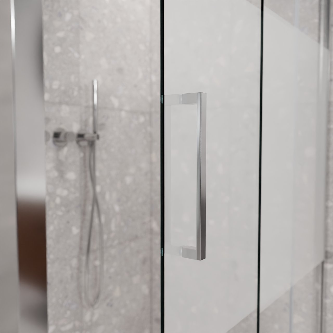 Balmani Senses Design douchehoek met rechtse schuifdeur en vaste zijwand, 120 x 90 cm, Helder glas met matte strook, Glanzend chroom profielen, met coating