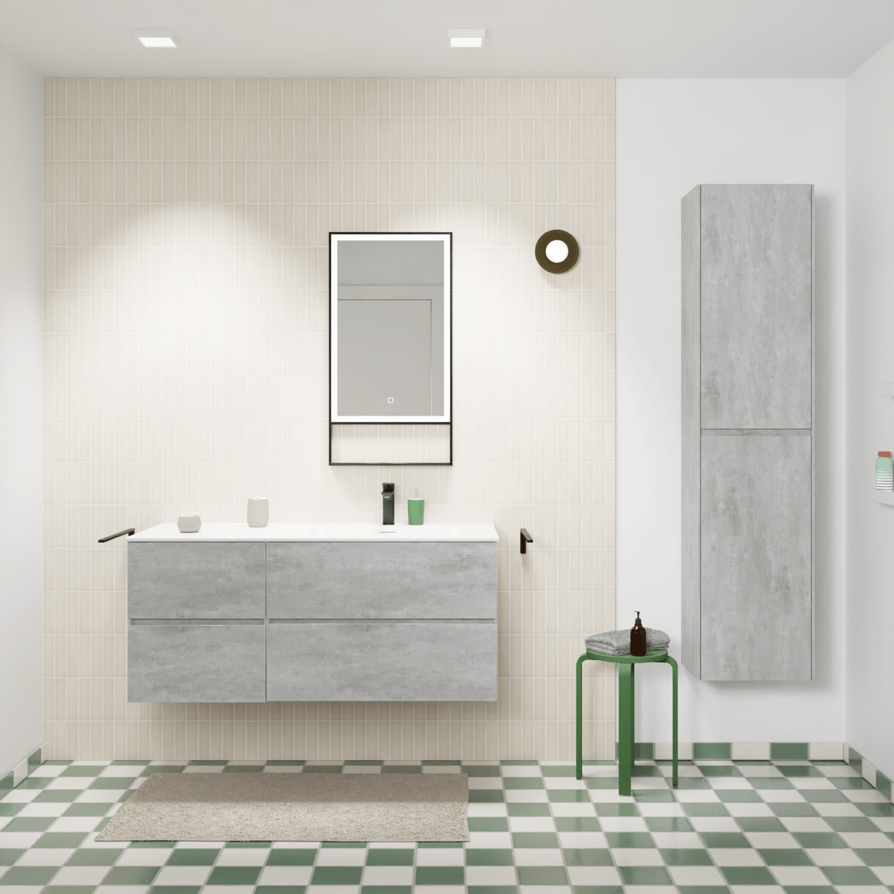 Storke Edge zwevend badkamermeubel 120 x 52 cm beton donkergrijs met Mata asymmetrisch rechtse wastafel in solid surface mat wit