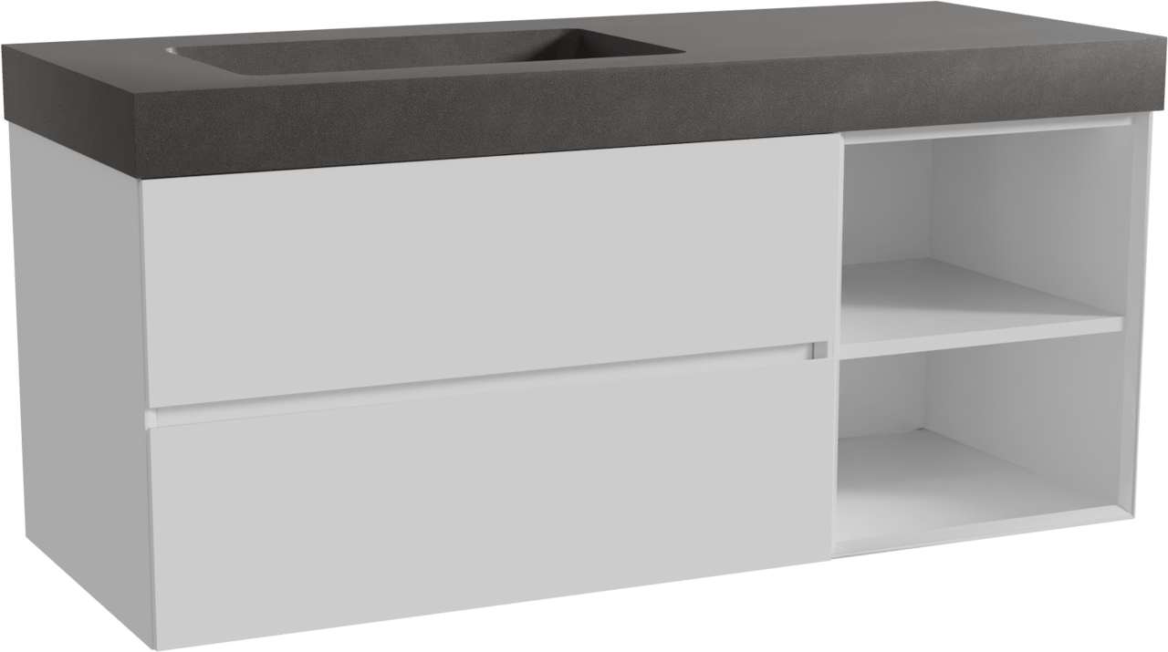 Storke Edge zwevend badkamermeubel 130 x 52 cm glanzend wit met Scuro High asymmetrisch linkse wastafel in kwarts mat zwart