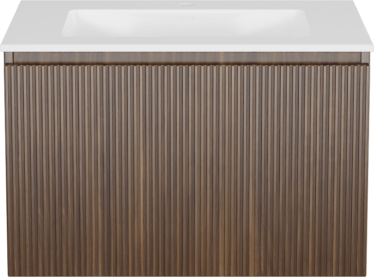 Storke Ribs meuble salle de bains suspendu 75 x 52 cm noyer avec Bilia plan simple en marbre composite blanc brillant, Nervure droite symétrique verticale