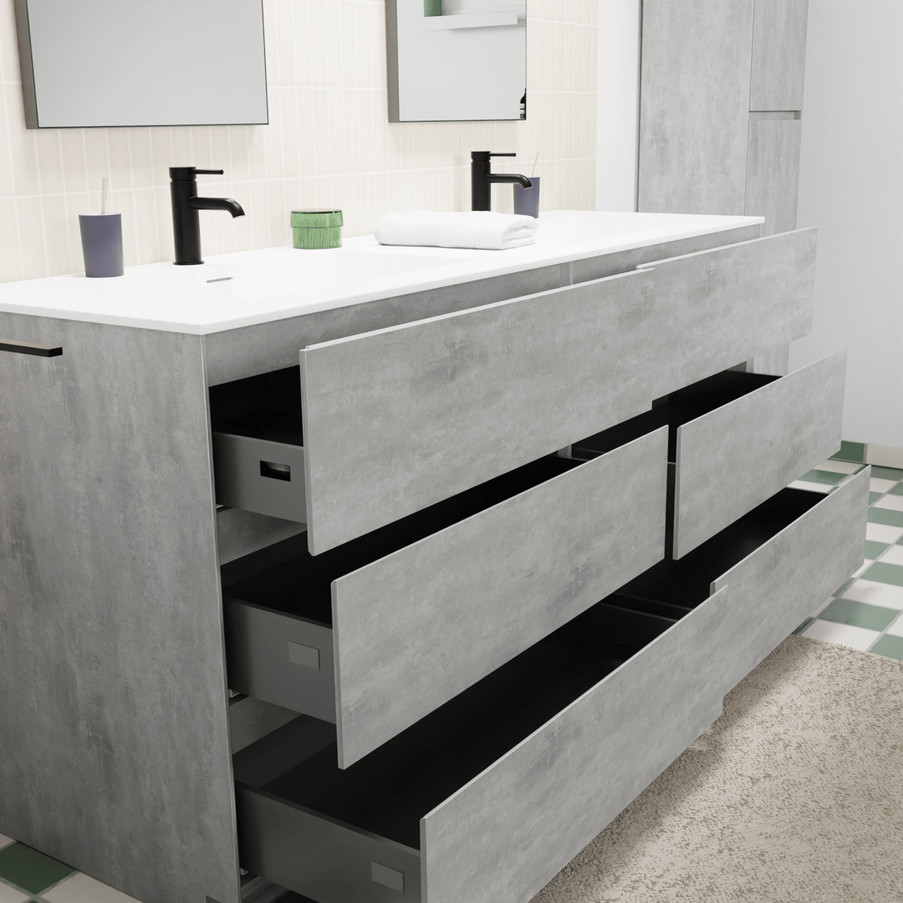 Storke Edge staand badkamermeubel 170 x 52 cm beton donkergrijs met Mata dubbele wastafel in solid surface mat wit