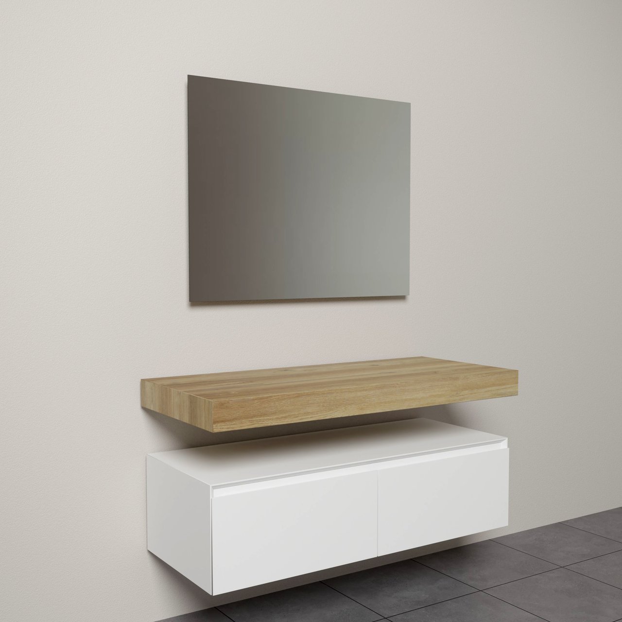Storke Edge Modulo zwevend badkamermeubel 120 x 52 cm mat wit met Kada enkelof dubbel tablet rustieke teak hpl en Soto badkamerspiegel