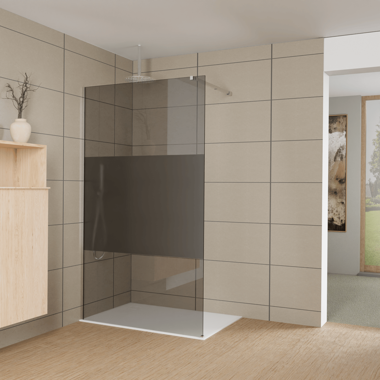 Balmani Modular inloopdouche: 120 x 200 cm, Rookglas met matte strook met coating, Hoogglans chroom profielen