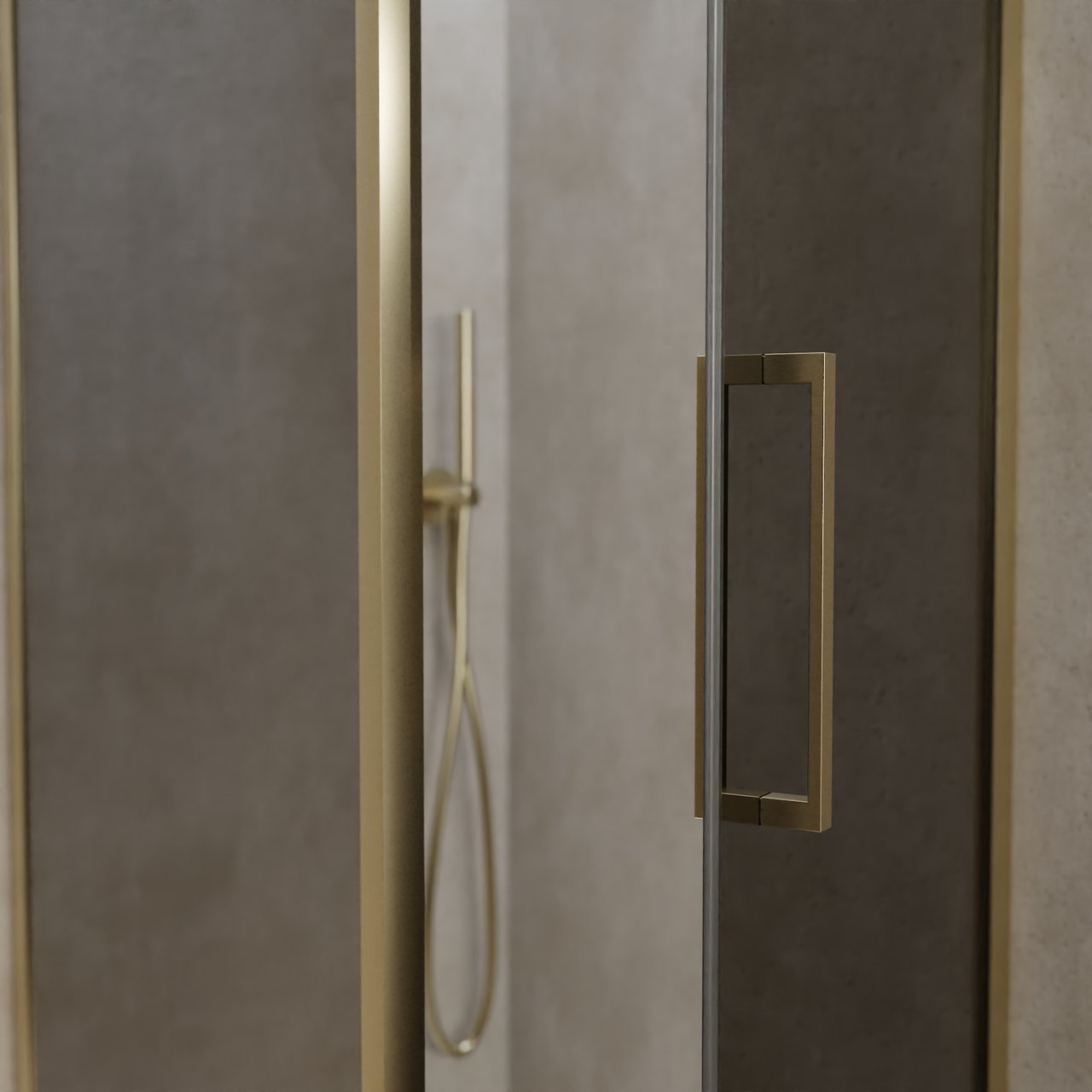 Balmani Senses Design douchehoek met rechtse draaideur en vaste zijwand, 90 x 90 cm, Rookglas, Brushed Champagne Gold profielen