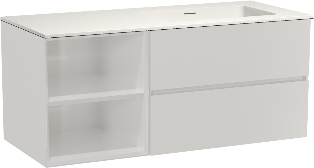 Storke Edge meuble salle de bains suspendu 120 x 52 cm blanc brillant avec Mata plan vasque asymétrique à droite en solid surface blanc mat