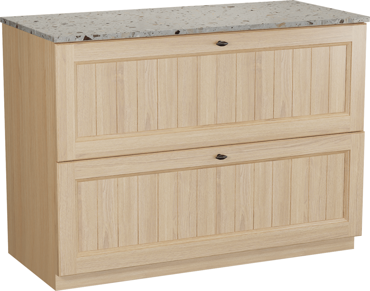 Balmani Lemon freistehendes Möbelstück Set: 120 x 55 cm, Naturbelassene Eiche Furnier, mit Stretto Einzel- oder Doppel Waschtischplatte, Terrazzo in Greige