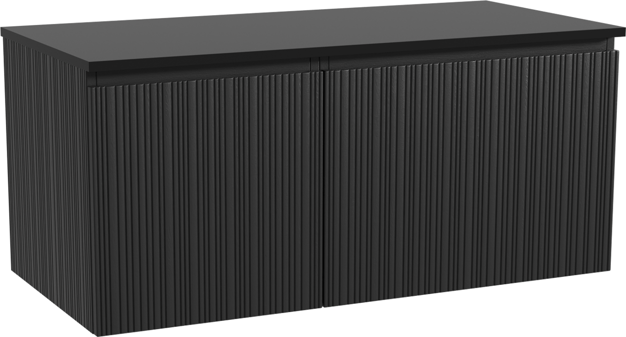 Storke Ribs zwevend badmeubel 110 x 52 cm zwart eiken met Panton enkel wastafelblad in gepoedercoate mdf mat zwart, Verticale asymmetrische rechte ribbel