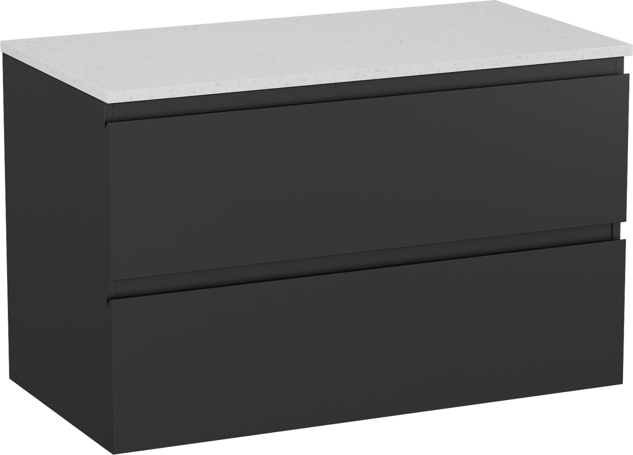Linie Lado meuble salle de bains suspendu 90 x 46 cm noir mat avec Lado tablette simple en mélaminé terrazzo blanc