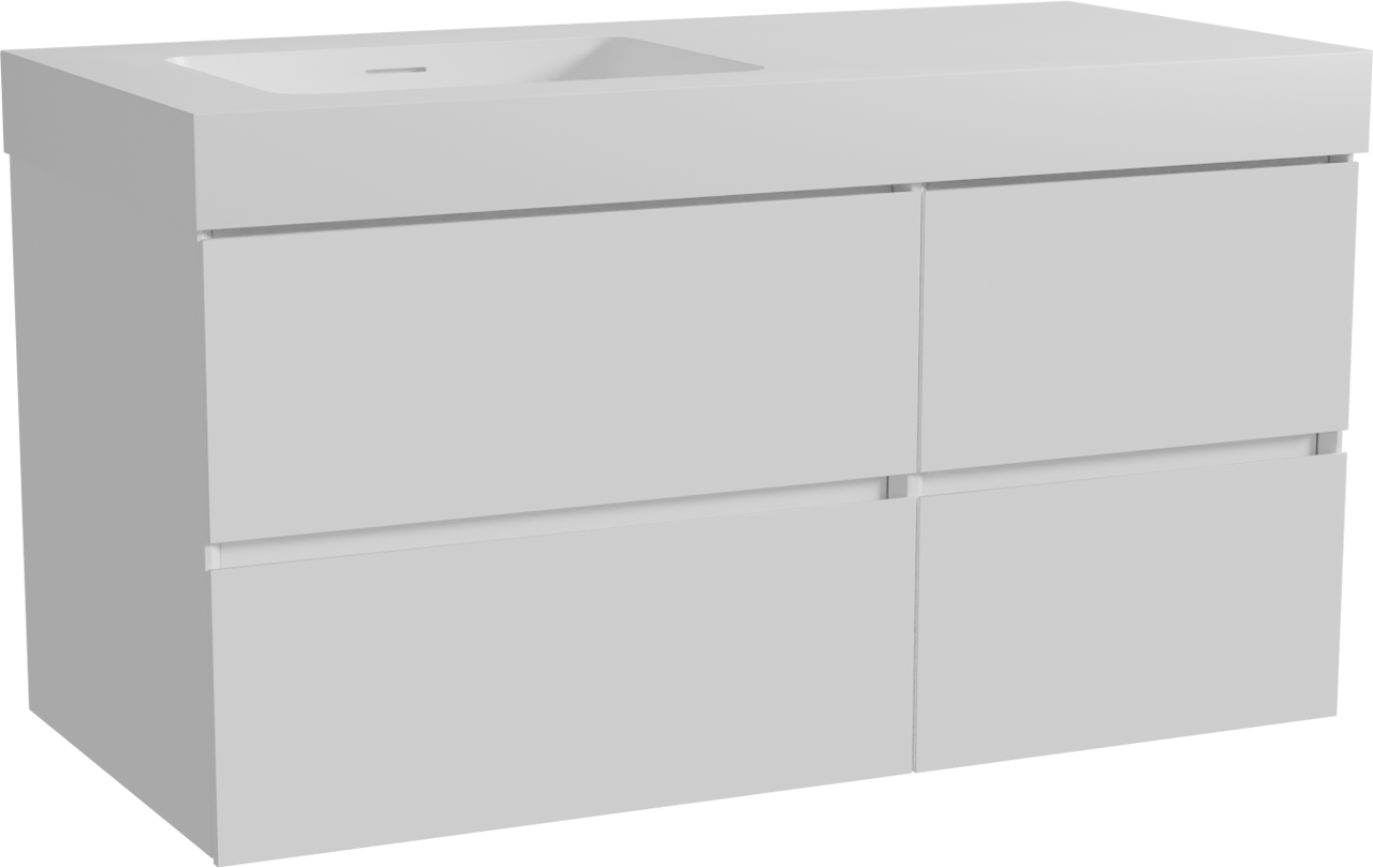 Storke Edge hängendes Möbelstück Set: 110 x 52 cm, Weiß matt, mit Mata High Waschtisch links, Solid Surface Weiß matt