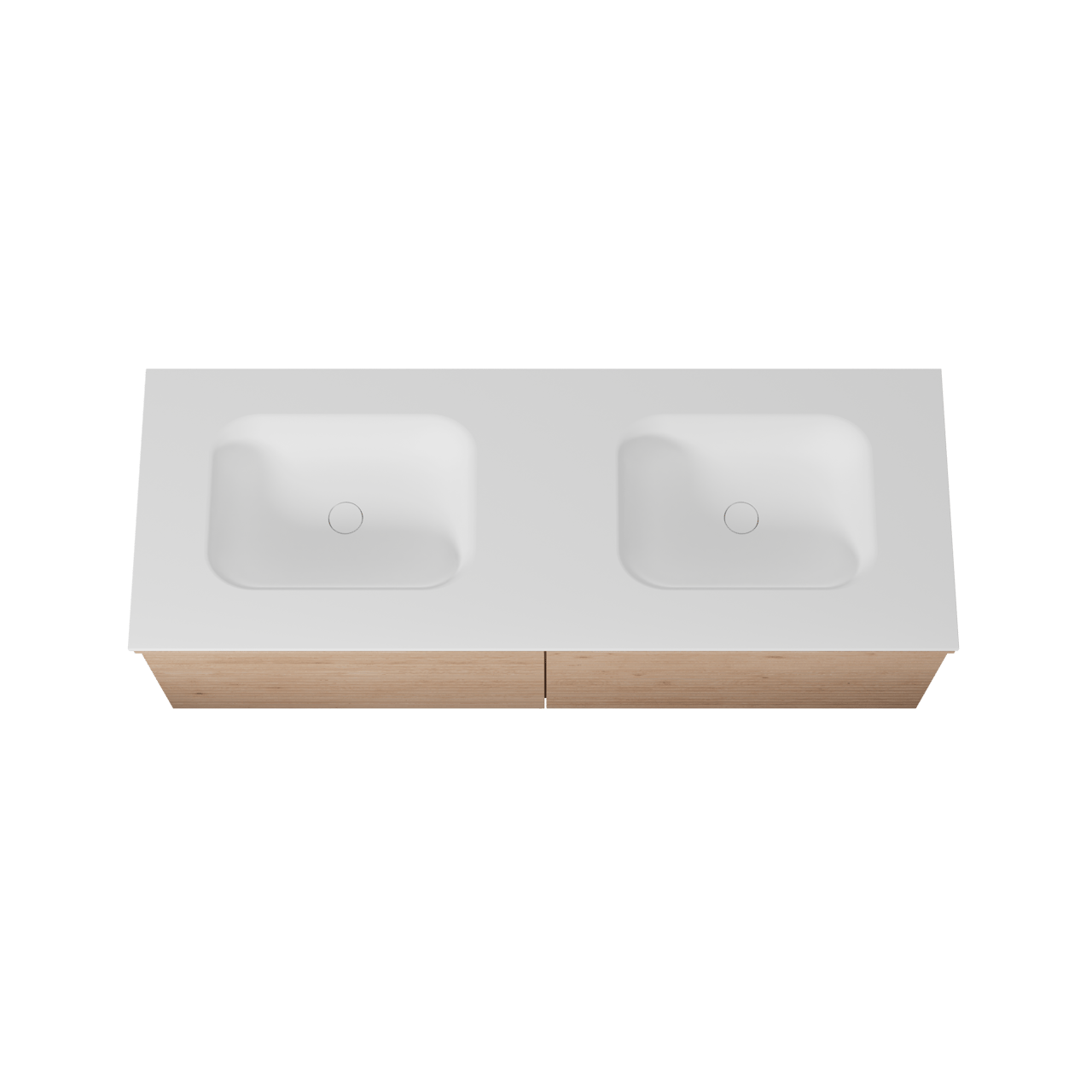 Balmani Forma hängendes Möbelstück Set: 150 x 55 cm, Naturbelassene Eiche, mit Tablo Arcato Doppelwaschtisch, Solid Surface, Weiß matt, Horizontale symmetrische gerade Rippe