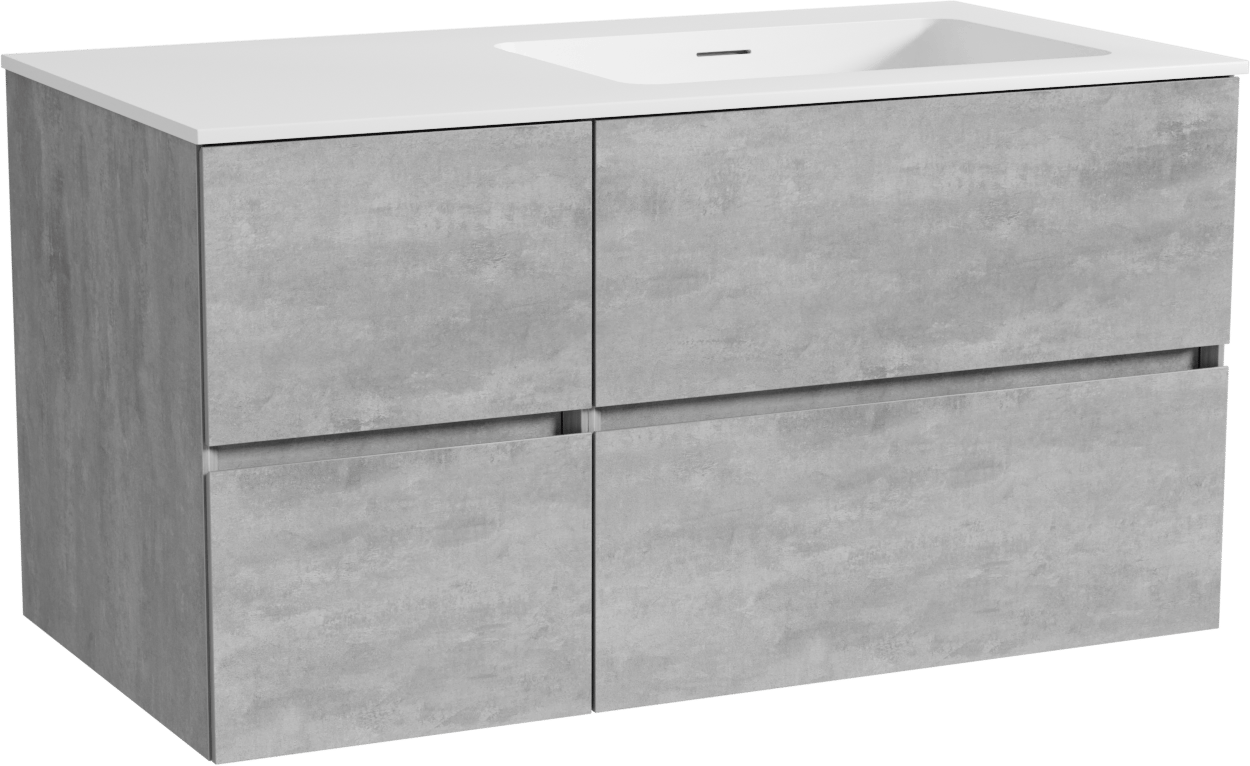 Storke Edge meuble salle de bains suspendu 100 x 52 cm béton gris foncé avec Mata plan vasque asymétrique à droite en solid surface blanc mat