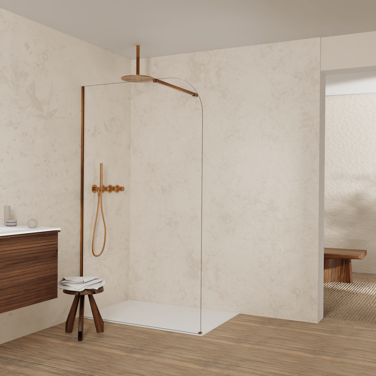 Balmani Modular douche à l'italienne: 120 x 200 cm, Verre transparent arrondi, avec coating, Profil Brushed Rosegold