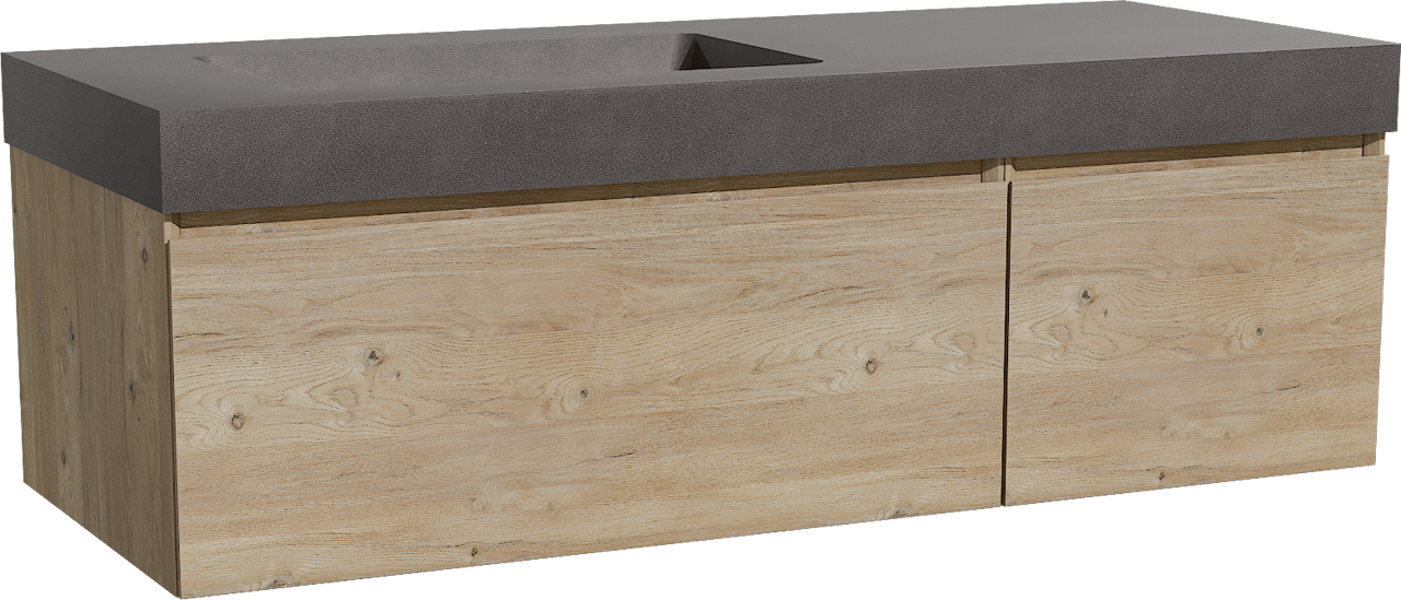 Storke Edge zwevend badmeubel 130 x 52 cm ruw eiken met Scuro High asymmetrisch linkse wastafel in kwarts mat zwart