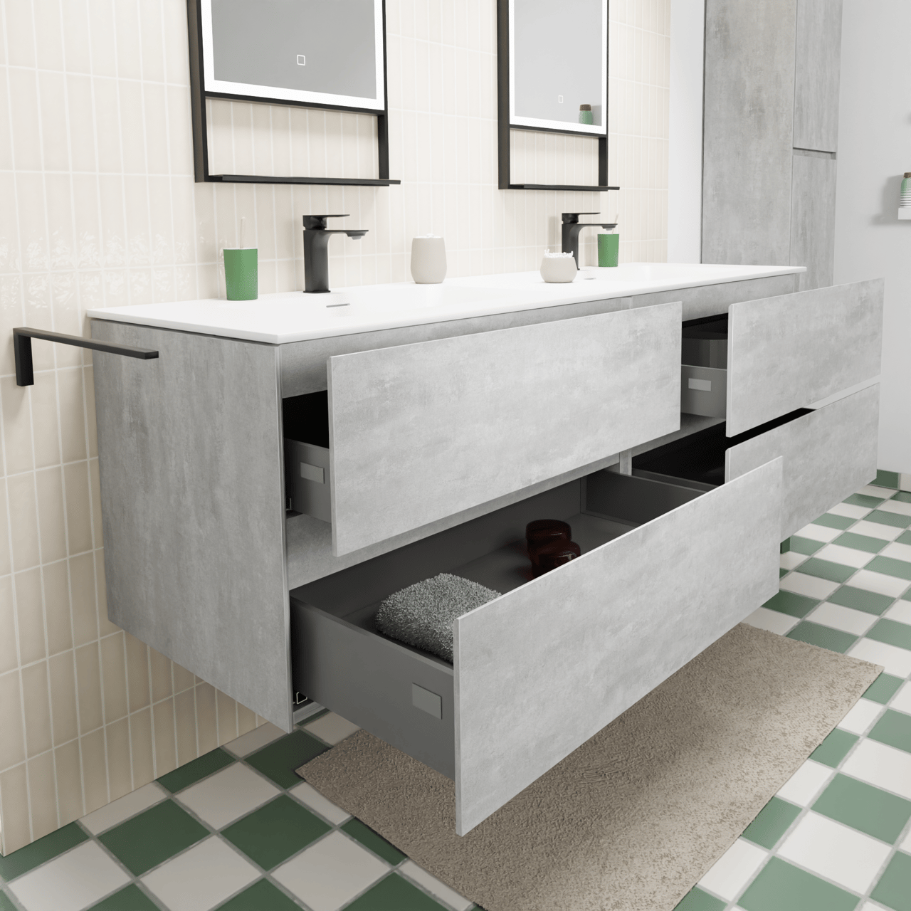 Storke Edge zwevend badkamermeubel 170 x 52 cm beton donkergrijs met Mata dubbele wastafel in solid surface mat wit