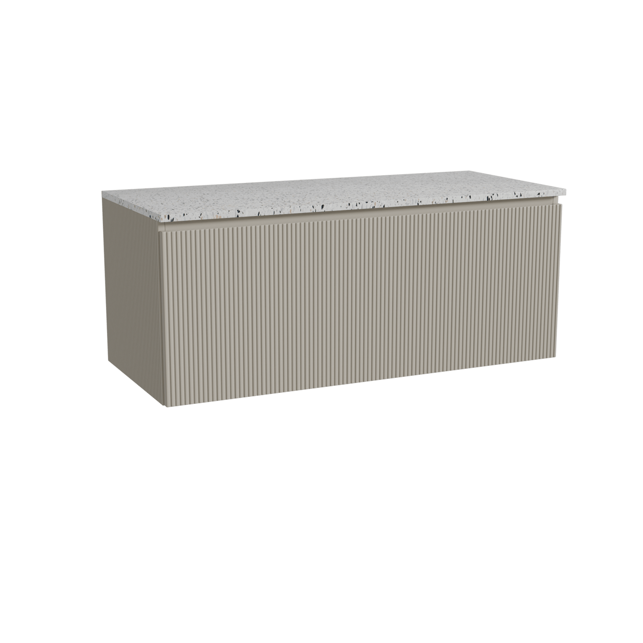 Storke Ribs zwevend badmeubel 120 x 52 cm zijdegrijs met Tavola enkel of dubbel wastafelblad in mat wit/zwart terrazzo, Verticale symmetrische rechte ribbel