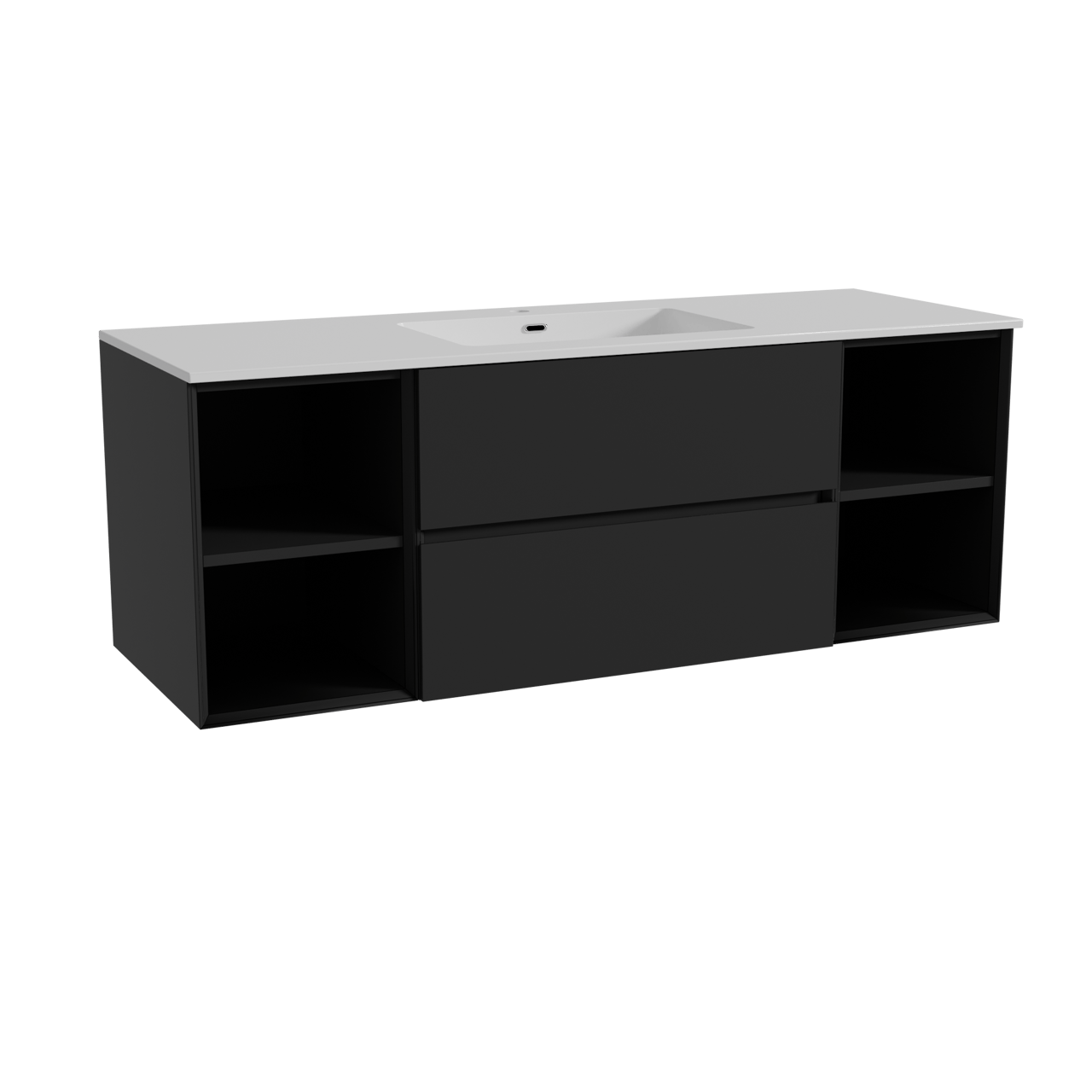 Storke Edge hängendes Möbelstück Set: 145 x 52 cm, Schwarz matt, mit Diva Einzelwaschtisch, Marmorkomposit Weiß glänzend