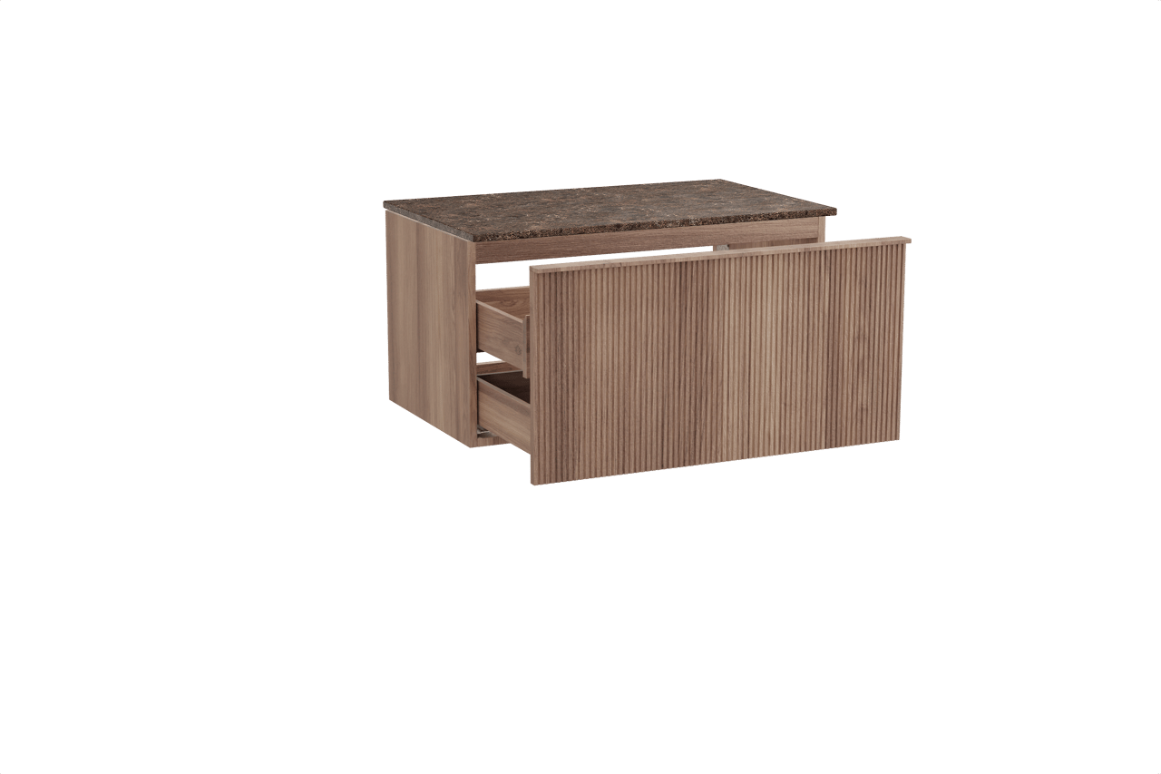 Balmani Forma hängendes Möbelstück Set: 90 x 55 cm, Teak, mit Stretto Einzel Waschtischplatte, Marmor, Dark Emperador, Vertikale symmetrische gerade Rippe