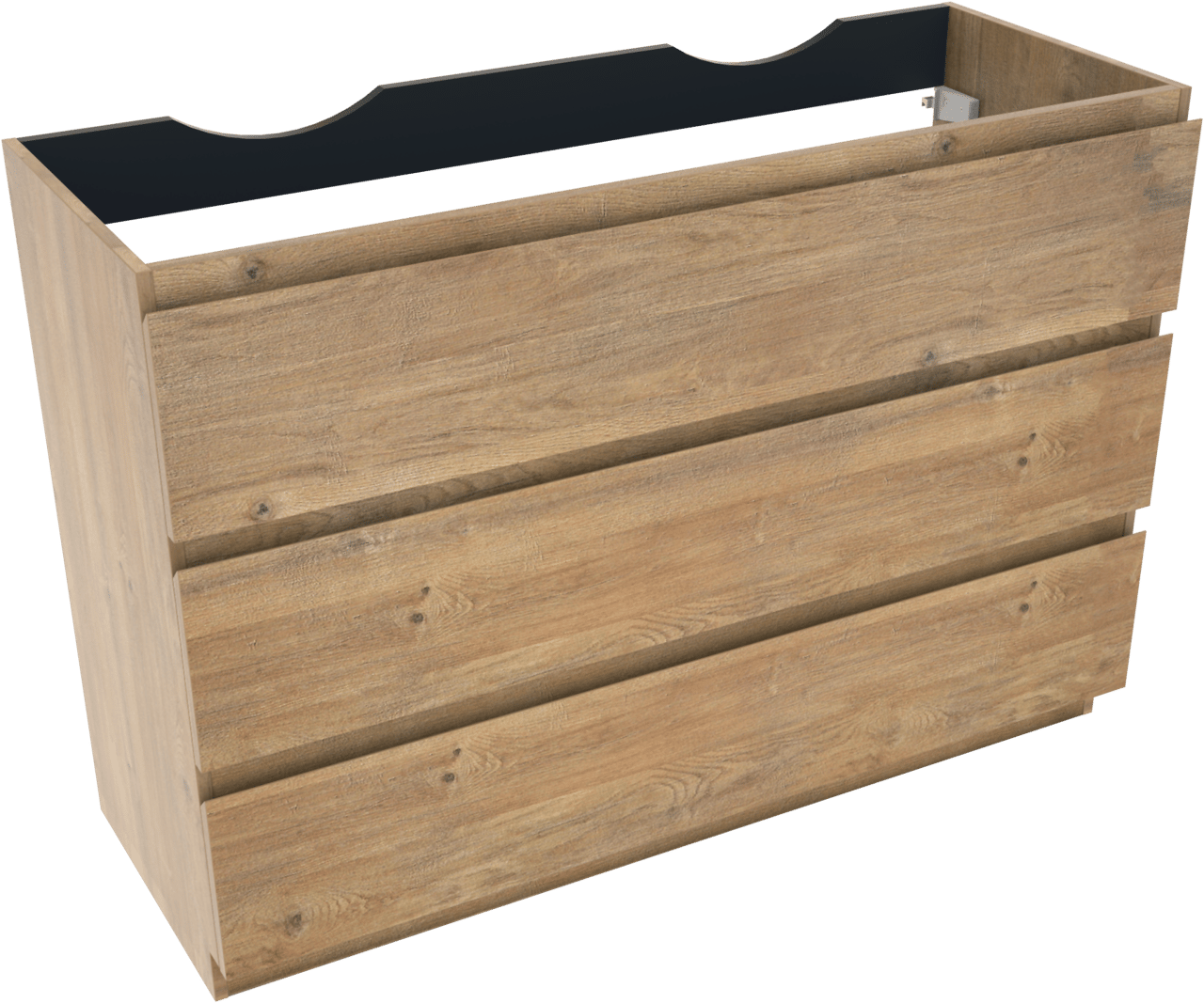Linie Lado stehender Waschbeckenunterschrank: 120 x 46 cm, Eiche Natur, 3 Schubladen, 2 Siphonaussparungen
