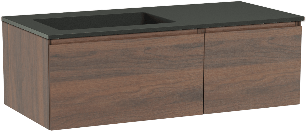 Storke Edge meuble salle de bains suspendu 110 x 52 cm noyer avec Scuro vasque asymétrique gauche en quartz noir mat