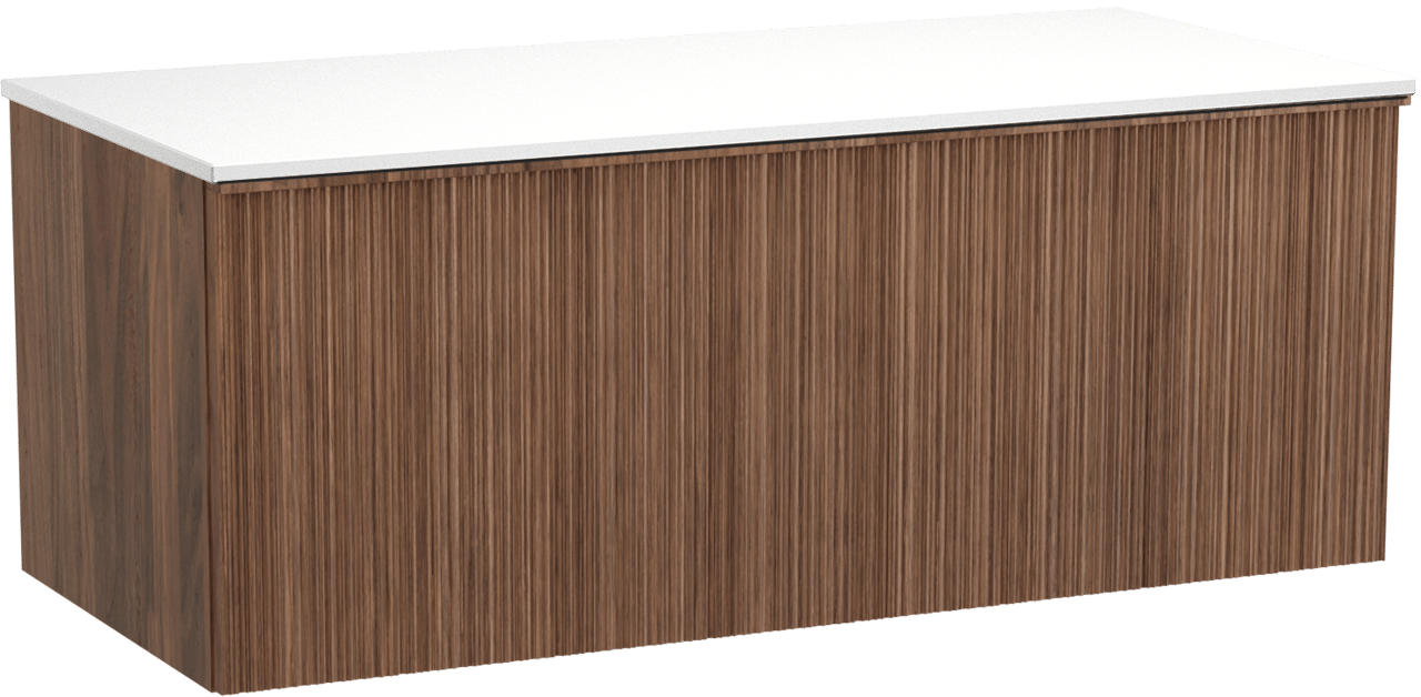 Balmani Forma hängendes Möbelstück Set: 120 x 55 cm, Amerikanischer Nussbaum, mit Stretto Einzel- oder Doppel Waschtischplatte, Solid Surface, Weiß matt, Vertikale asymmetrische Runde Rippe