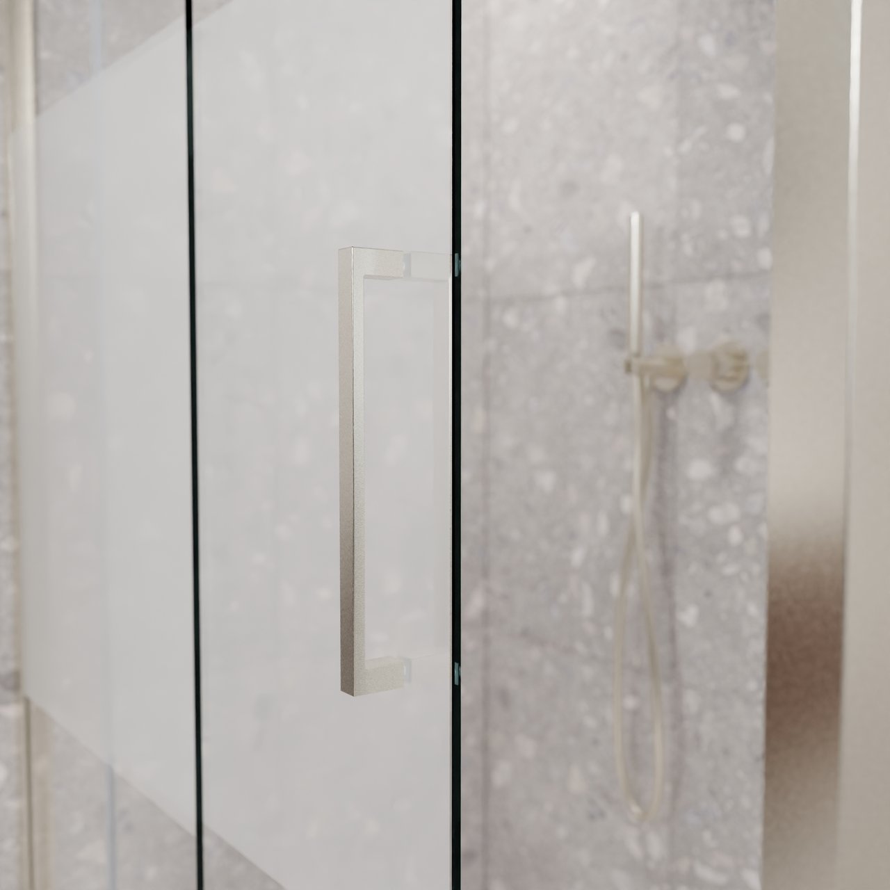 Balmani Senses Design Eckdusche: Schiebetür (Links) mit fixierte Seitenwand, 120 x 90 cm, Klarglas mit mattiertem Streifen, Profil Brushed CoolMetal