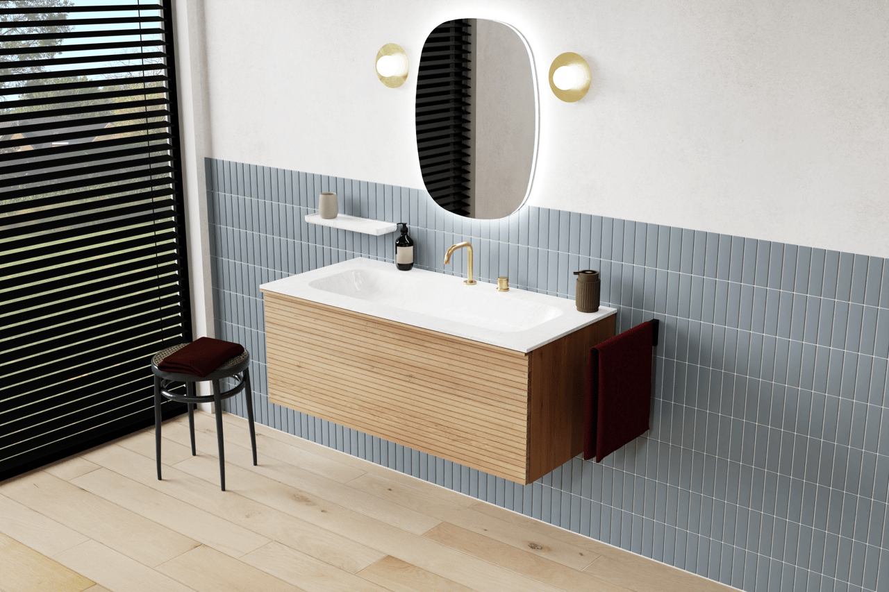 Balmani Forma zwevende wastafelonderkast 120 x 55 cm naturel eiken 2 lades horiz. sym. groef