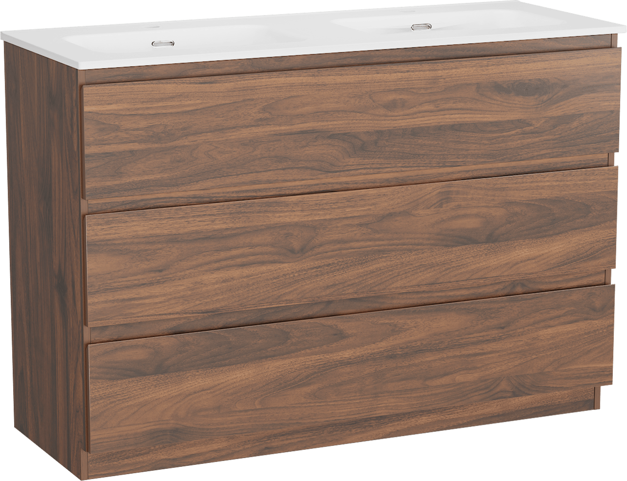 Linie Lado freistehendes Möbelstück Set: 120 x 46 cm, Nussbaum, mit Baro Doppelwaschtisch, Porzellan Weiß glänzend