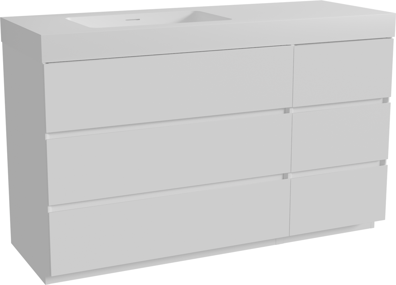 Storke Edge freistehendes Möbelstück Set: 140 x 52 cm, Weiß matt, mit Mata High Waschtisch links, Solid Surface Weiß matt