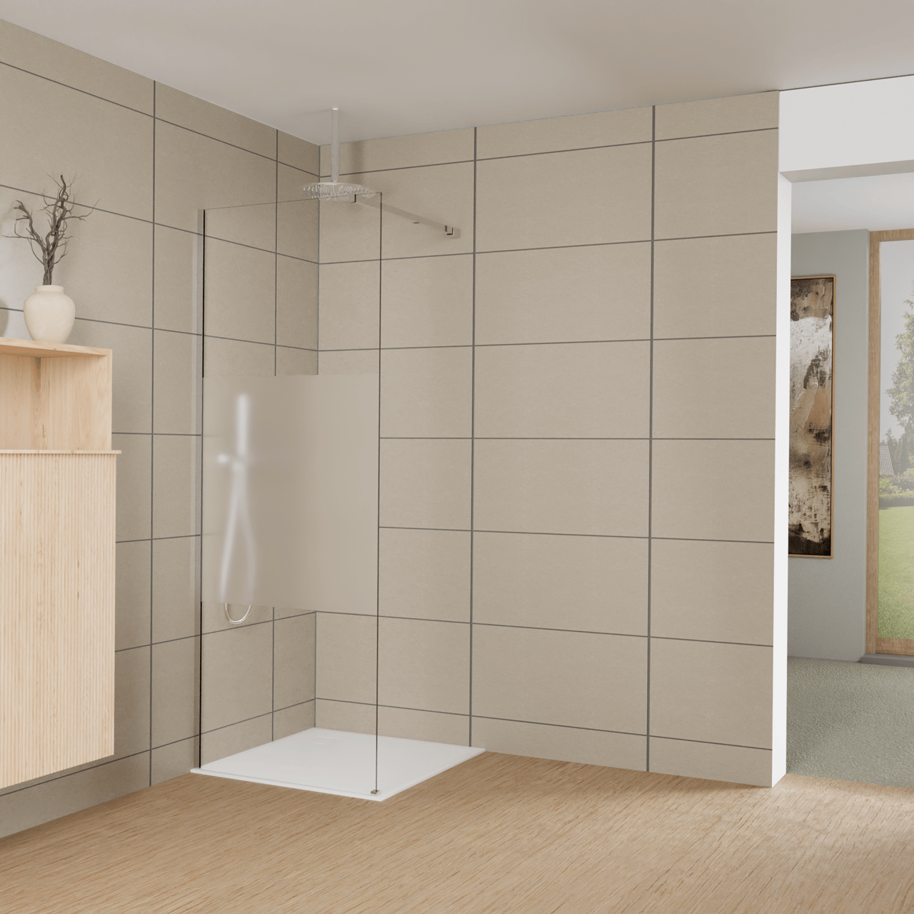 Balmani Modular Walk-In Dusche: 80 x 200 cm, Klarglas mit mattiertem Streifen, inklusive Coating, Profil Chrom glänzend