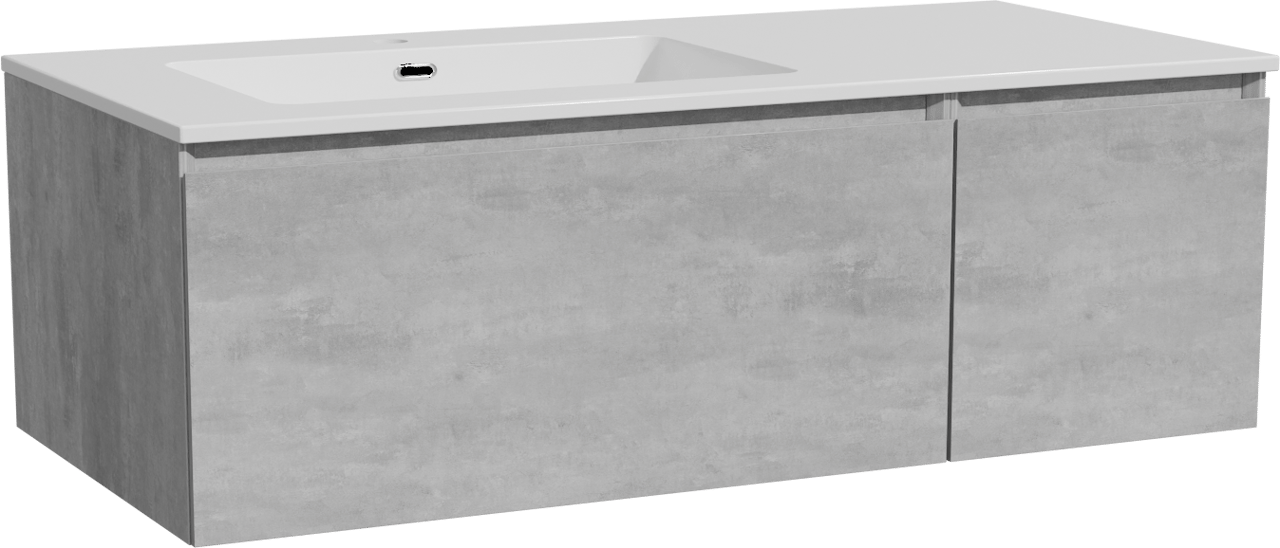 Storke Edge meuble salle de bains suspendu 110 x 52 cm béton gris foncé avec Diva vasque asymétrique gauche en marbre composite blanc brillant