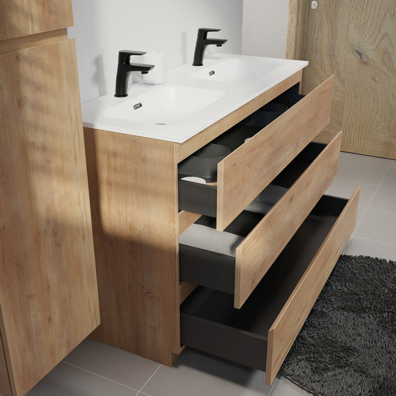 Linie Lado meuble salle de bains à poser 120 x 46 cm chêne naturel avec Baro double vasque en porcelaine blanc mat