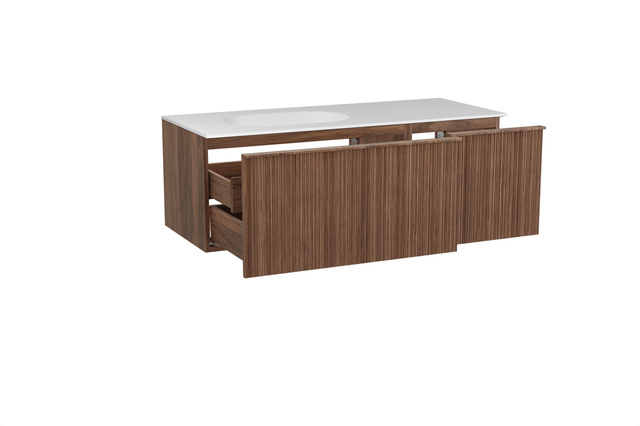 Balmani Forma meuble salle de bains suspendu 135 x 55 cm noyer américain avec Tablo Oval vasque asymétrique gauche en solid surface blanc mat, Nervure circulaire asymétrique verticale